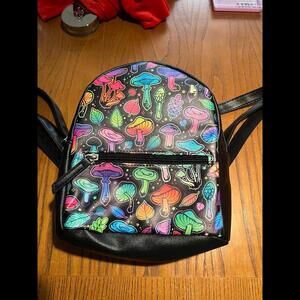 Colorful Mushroom Rainbow Mini Black Leather Backpack Purse